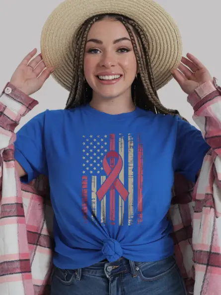 Royal Blue front – Pink Ribbon American Flag Shirt flag and ribbon combo