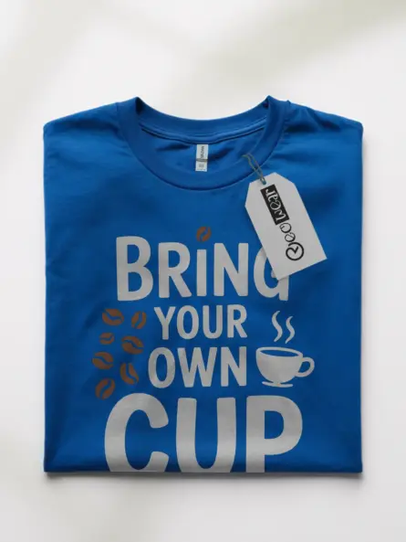 Lifestyle photo royal blue bring your own cup t-shirt in urban setting