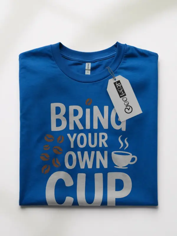 Lifestyle photo royal blue bring your own cup t-shirt in urban setting