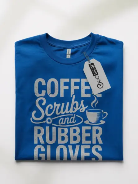 Royal Blue Front Coffee Scrubs and Rubber Gloves Shirt with Medical Graphics