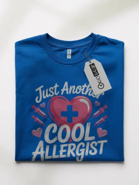 Royal Blue Front Funny Allergist Shirt with Heart and Syringe Design