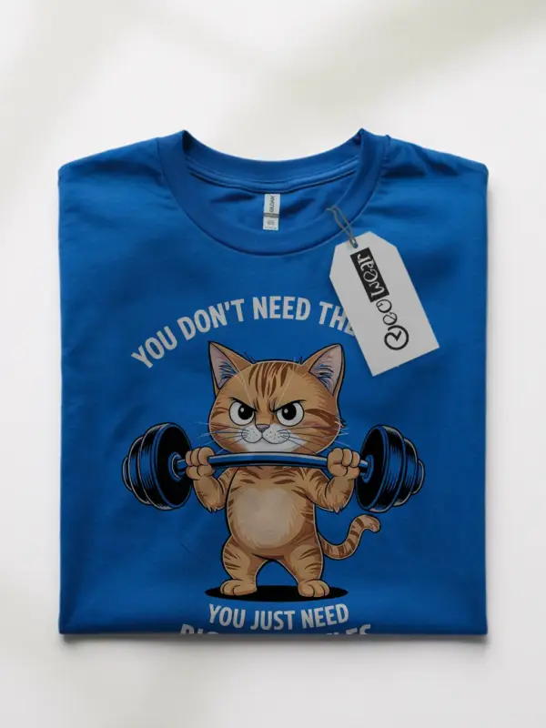 Front view of royal blue tee, cartoon cat with dumbbells, funny cat gym t-shirt