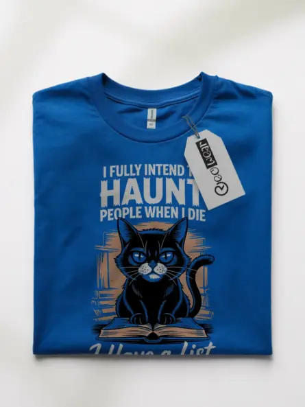 Royal Blue Shirt witchy cat design, funny haunted cat t-shirt, front view