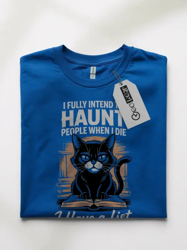 Royal Blue Shirt witchy cat design, funny haunted cat t-shirt, front view