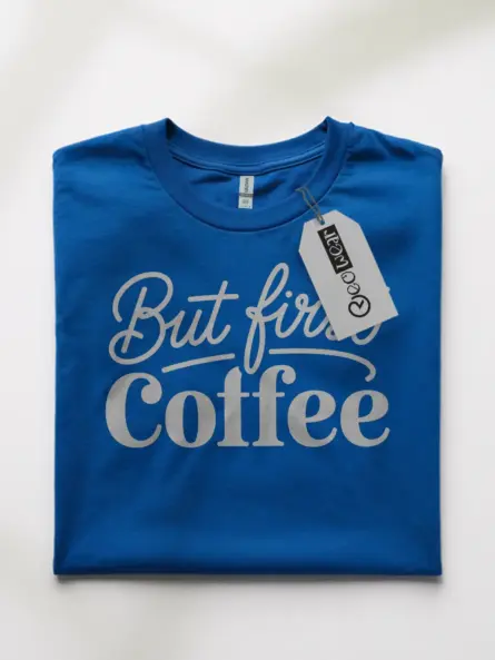 Royal blue front view coffee lover tee with script text