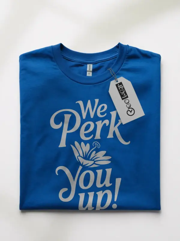 Royal Blue Shirt "We PERK You Up!" perk up coffee t-shirt back view