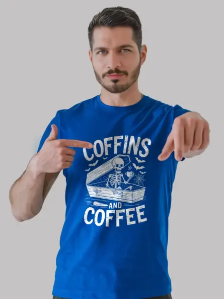Royal Blue Coffins and Coffee Shirt – alternative fashion tee with coffin and bats