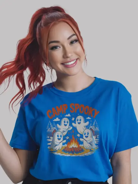 Royal Blue cute ghost campfire t-shirt design with cozy ghosts