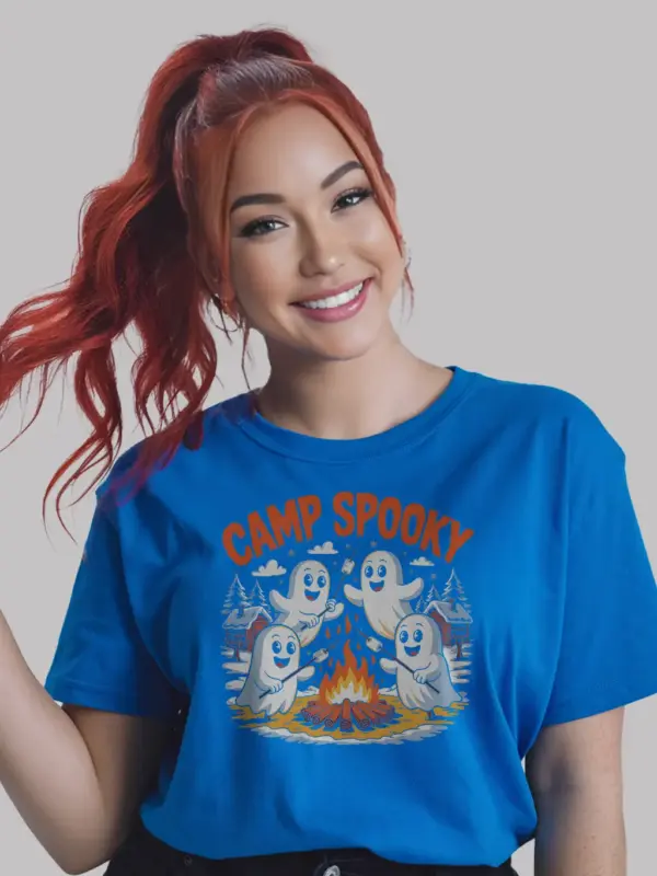 Royal Blue cute ghost campfire t-shirt design with cozy ghosts