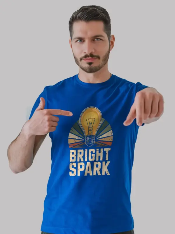 Royal Blue Bright Spark Shirt Front – vintage electrician light bulb t-shirt, creative gift tee