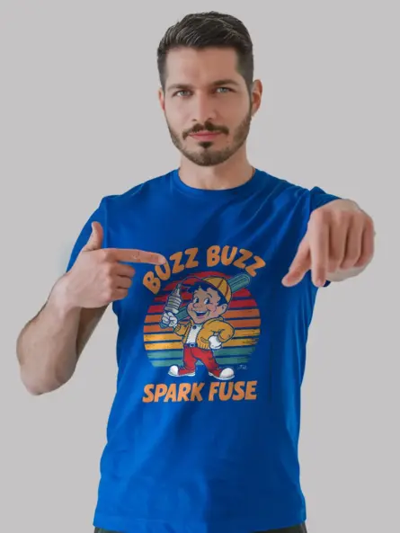 Royal Blue Buzz Buzz Spark Fuse Shirt Front – vintage cartoon electrician t-shirt for engineers