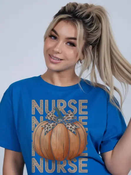 Pumpkin Nurse Shirt – Trendy Fall Tee with Leopard Bow Design - Image 12