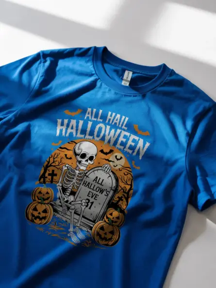 Royal Blue Shirt Lifestyle Shot – All Hail Halloween – gothic skeleton Halloween t-shirt