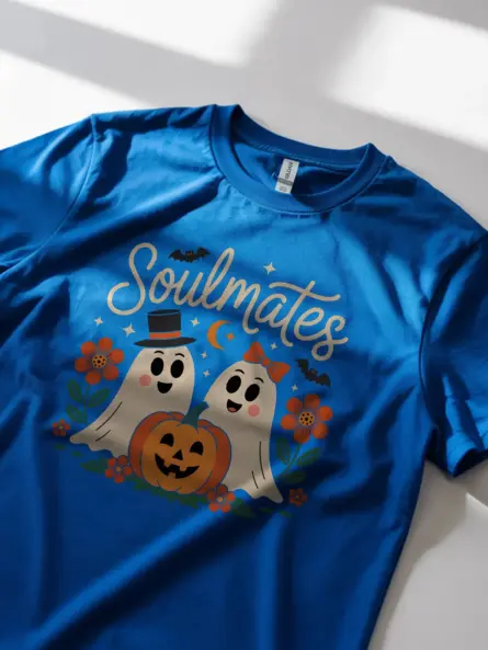 royal blue – Halloween love shirt with floral accents – ghost couple t-shirt