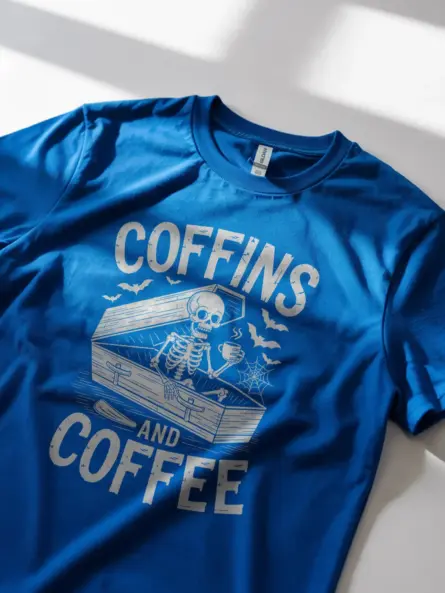 Royal Blue Coffins and Coffee Lifestyle – fun Halloween goth skeleton coffee t-shirt look