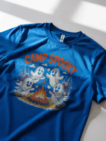 Royal Blue cute ghost campfire t-shirt lifestyle shot for Halloween fun