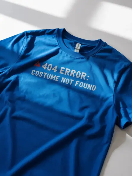 Lifestyle shot royal blue shirt 404 Error Costume Not Found t-shirt