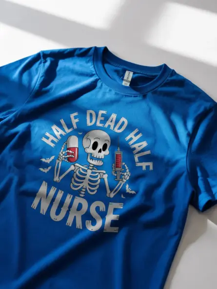 Person wearing royal blue tee – burnout nurse Halloween apparel