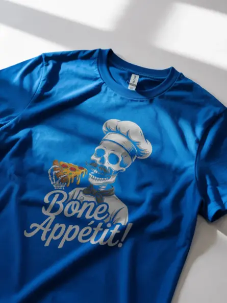 Royal Blue skeleton chef pizza shirt art with spooky humor