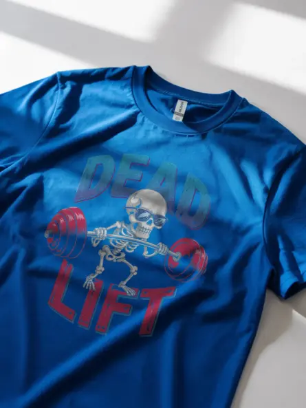 Lifestyle shot Royal Blue funny skeleton gym t-shirt