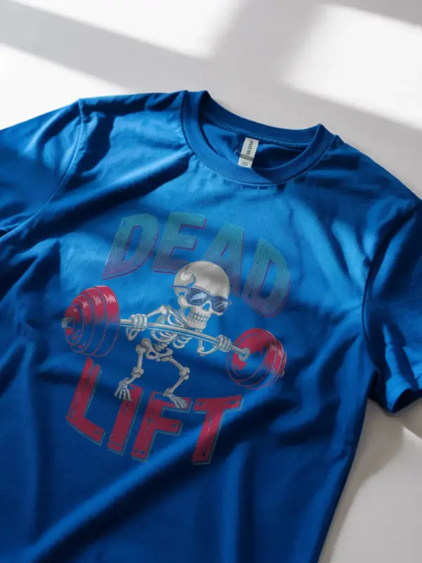 Lifestyle shot Royal Blue funny skeleton gym t-shirt