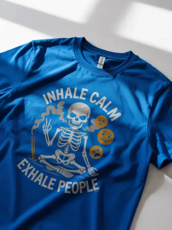 royal blue lifestyle photo – funny self-care quote tee – skeleton meditation t-shirt