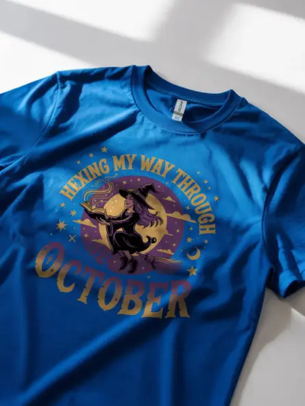 royal blue lifestyle shot hexing my way through t-shirt magical witchcore