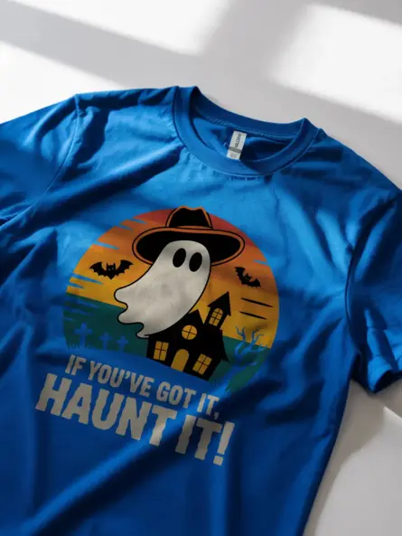 royal blue lifestyle shot if you’ve got it haunt it t-shirt for kids and partygoers