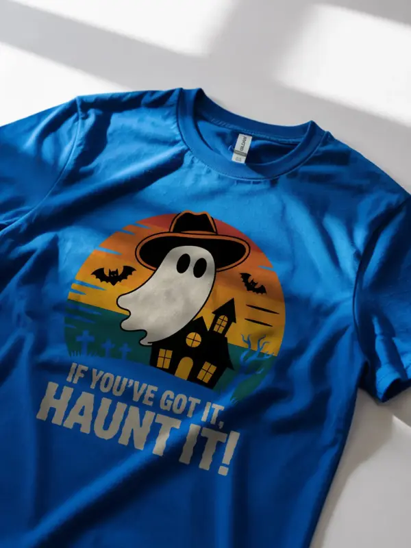 royal blue lifestyle shot if you’ve got it haunt it t-shirt for kids and partygoers