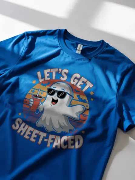 royal blue lifestyle shot let’s get sheet faced halloween t-shirt gag gift idea