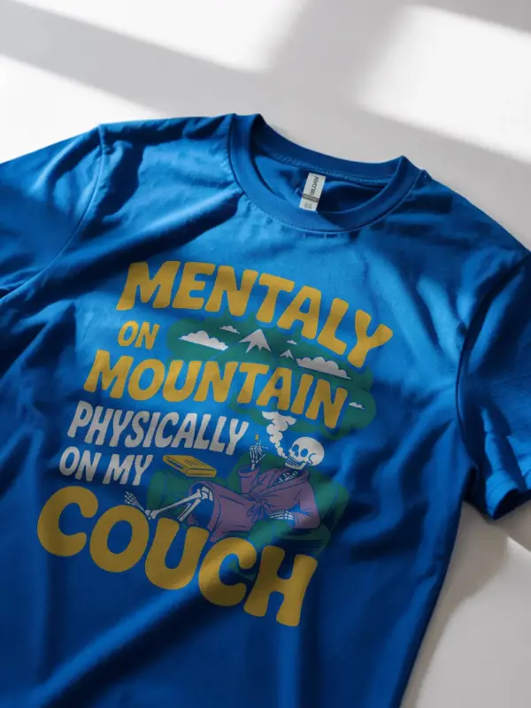 royal blue lifestyle image – funny introvert apparel design – mentally on mountain t-shirt