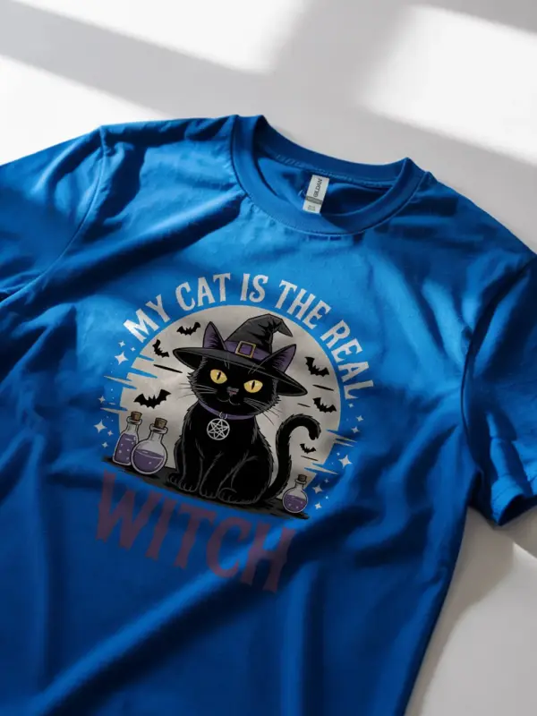 royal blue lifestyle shot my cat is the real witch t-shirt halloween potion shirt