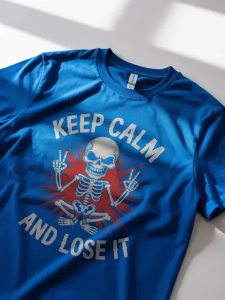 Lifestyle shot Royal Blue Shirt Keep Calm and Lose It punk skeleton meditation t-shirt