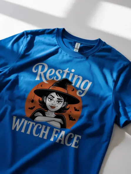 royal blue lifestyle shot resting witch face halloween t-shirt edgy witchcore shirt