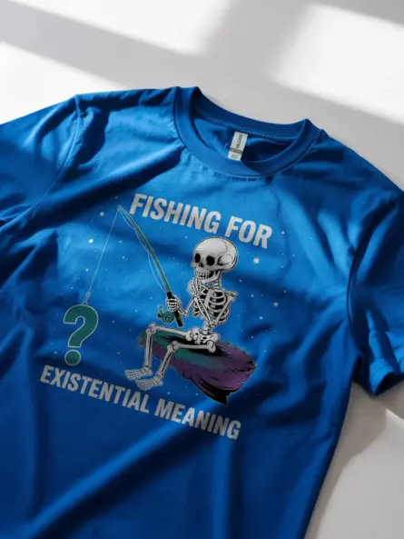 Lifestyle image Royal Blue retro existential meme skeleton t-shirt