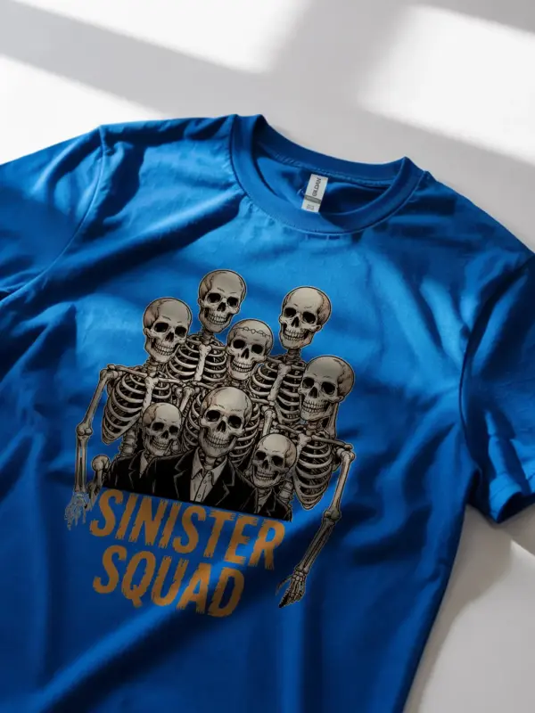 Royal Blue Shirt Lifestyle Shot – Sinister Squad Vintage Skeleton Squad T-Shirt