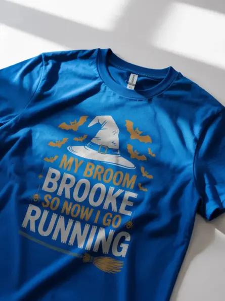 royal blue lifestyle photo – jogging witch tee for Halloween – my broom broke so now I go running shirt