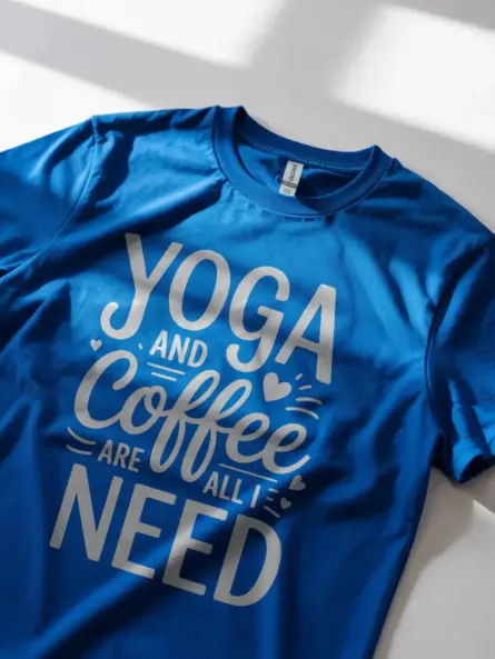 Royal Blue Shirt Lifestyle Shot Yoga and Coffee Are All I Need T-Shirt for Daily Mindfulness