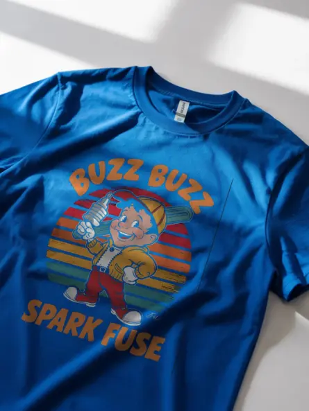Royal Blue Buzz Buzz Spark Fuse Shirt Lifestyle – retro automotive technician tee with mascot