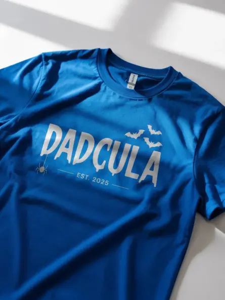 Lifestyle image in royal blue dadcula halloween shirt with spooky graphics