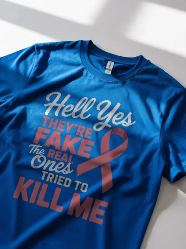 Royal Blue Lifestyle – Hell Yes They’re Fake – funny mastectomy shirt
