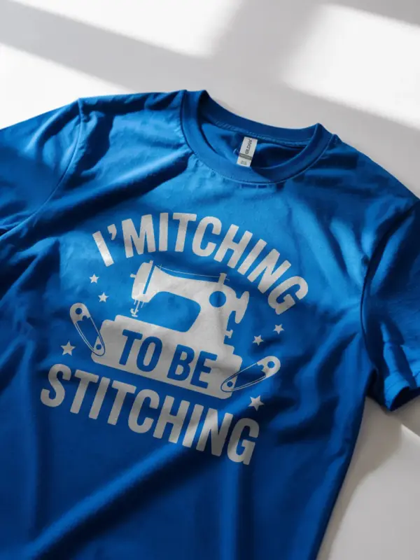 Lifestyle Shot Royal Blue shirt at craft table – funny sewing machine t-shirt