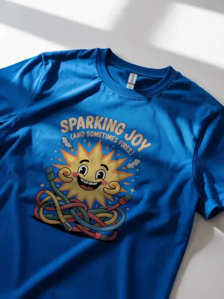 Funny Tech Dad T-Shirt – Sparking Joy (And Sometimes Fires) Cartoon Electrical Humor Tee - Image 12
