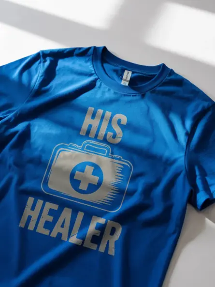 His Healer Gamer T-Shirt | Matching Co-Op Gaming Couple Tee with Vintage Medical Kit Design - Image 2
