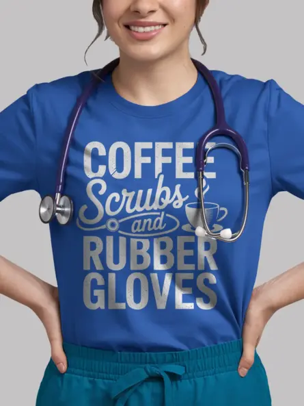 Royal Blue Coffee Scrubs and Rubber Gloves Shirt with Medical Graphics