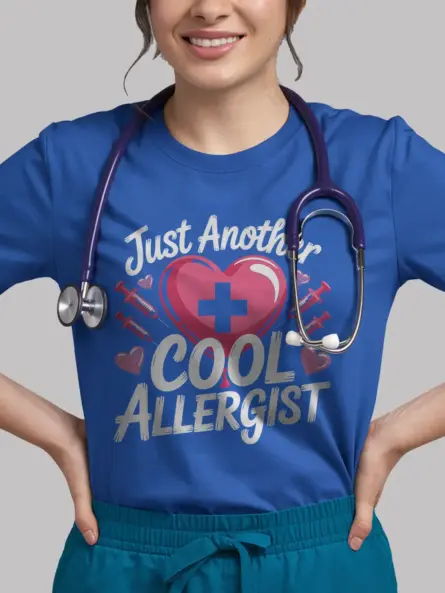 Royal Blue Funny Allergist Shirt with Heart and Syringe Design