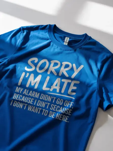 Royal Blue lifestyle – Sorry I’m Late quote – sarcastic sleeping t-shirt for guys