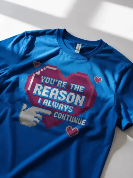 Pixel Art Gamer Couple T-Shirt – “You're The Reason” Retro 8-Bit Heart Tee - Image 5