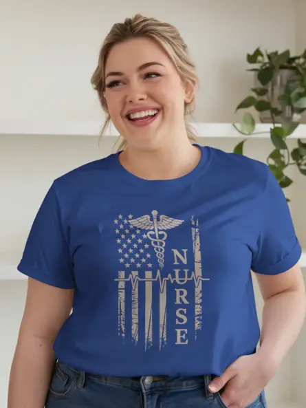 Patriotic Nurse Flag T-Shirt with Caduceus and Heartbeat Design - Image 6