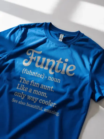 Royal blue lifestyle image funtie shirt fun aunt t-shirt gift